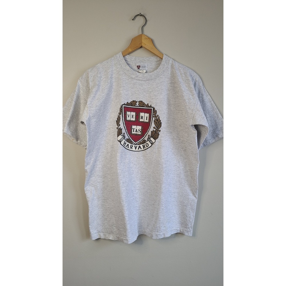 Vintage Harvard University Veritas Crest T-Shirt Gray‎ The Coop Made in USA L